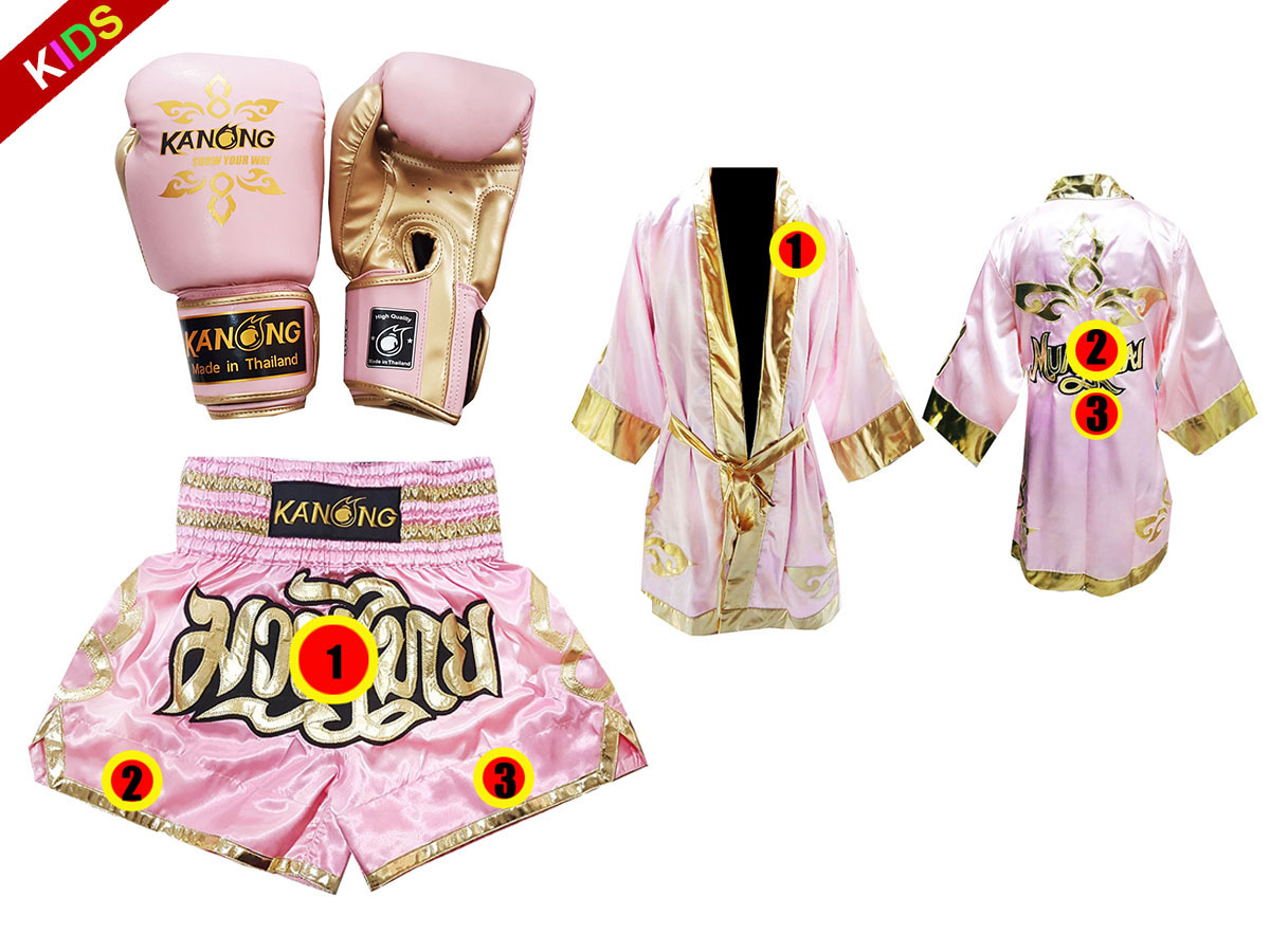 Kundenspezifisches Set von Muay Thai Handschuhen + Hosen + Mantel für Kinder : Modell 121 Rosa