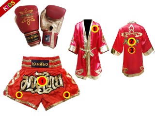 Kundenspezifisches Set von Muay Thai Handschuhen + Hosen + Mantel für Kinder : Modell 121 Rot