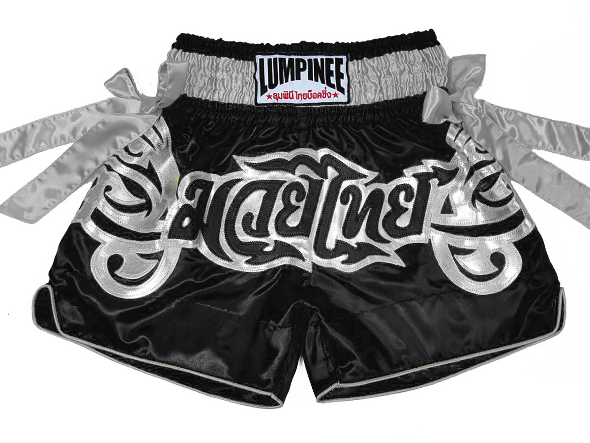 Lumpinee Muay Thai Shorts - Thaiboxhose für Kinder : LUM-051-Schwarz-Silber-K