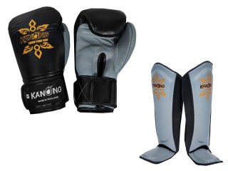 Kanong Boxhandschuhe + Schienbeinschutz aus Leder : Schwarz/Grau