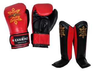 Kanong Boxhandschuhe + Schienbeinschutz aus Leder : Schwarz/Rot